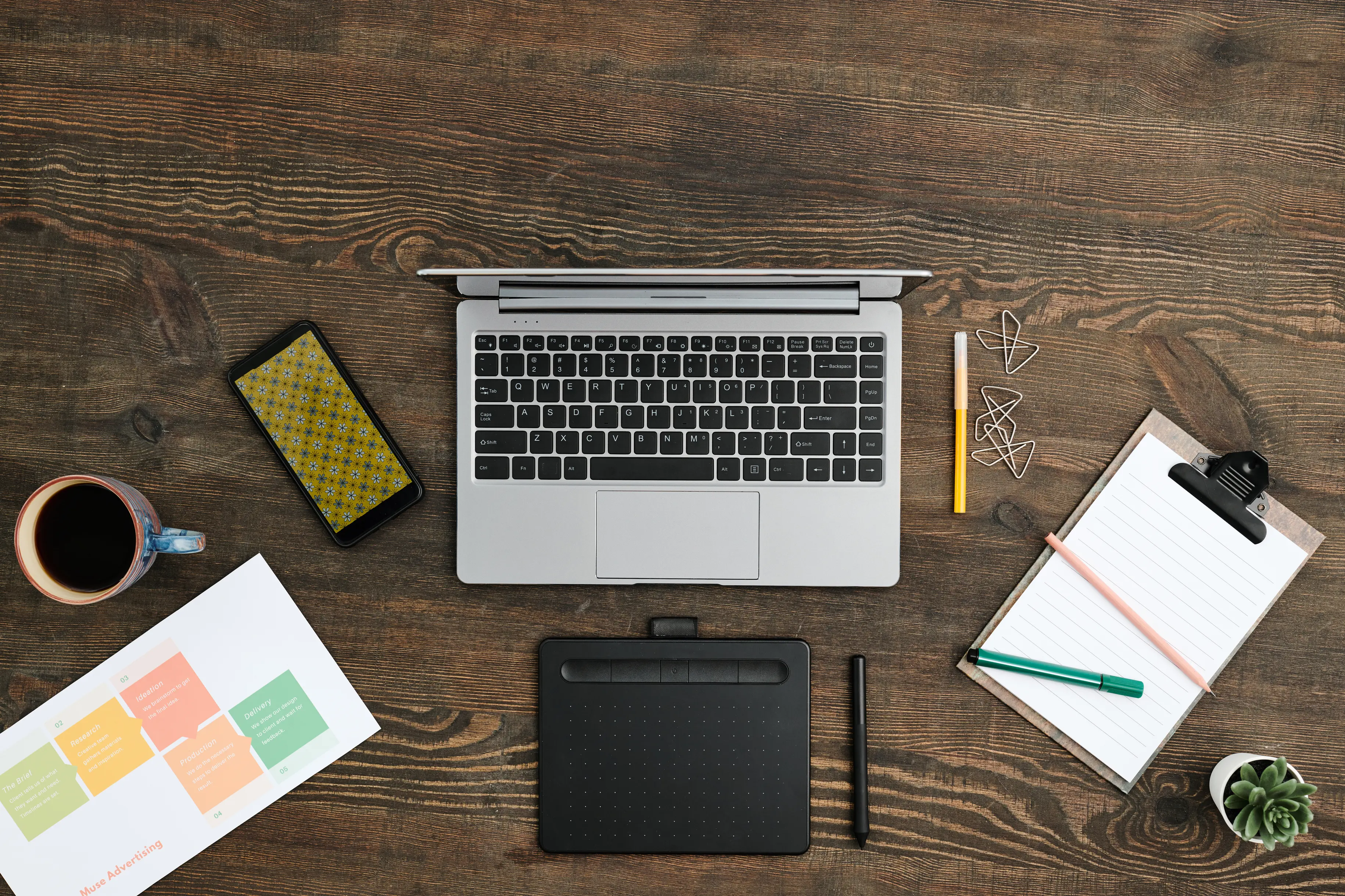 Overview of a creative designer's workplace with graphics