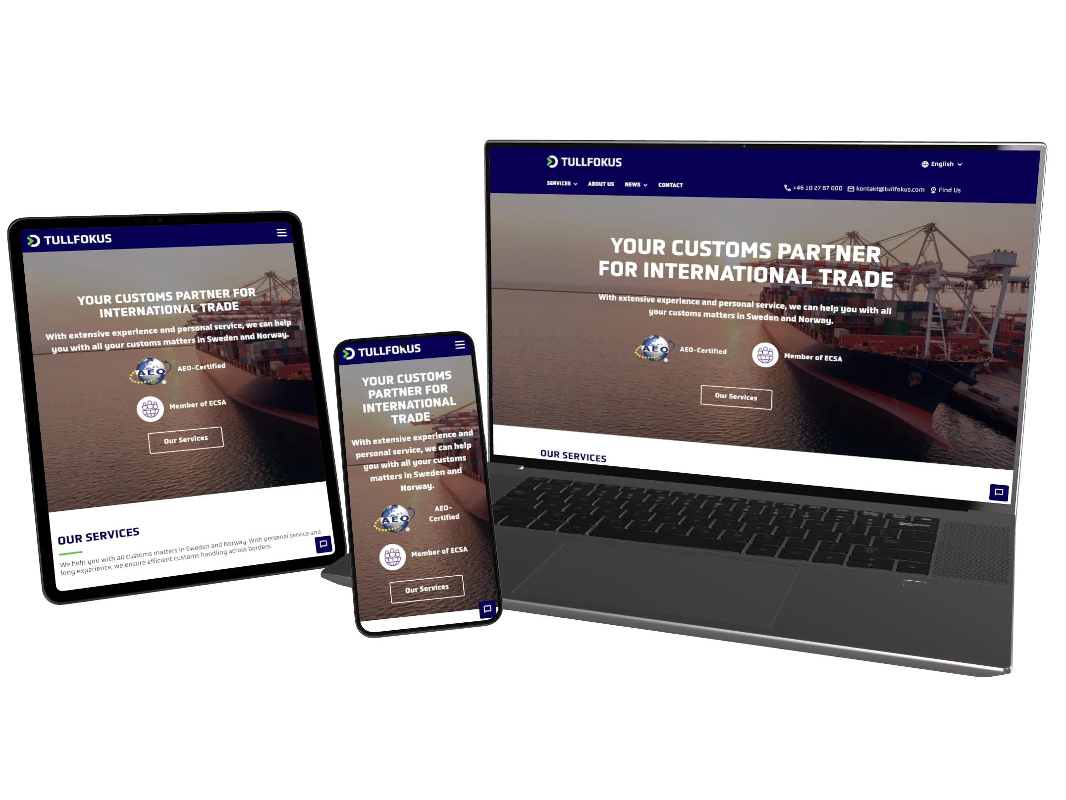 Tullfokus website on a laptop, a tablet and a phone
